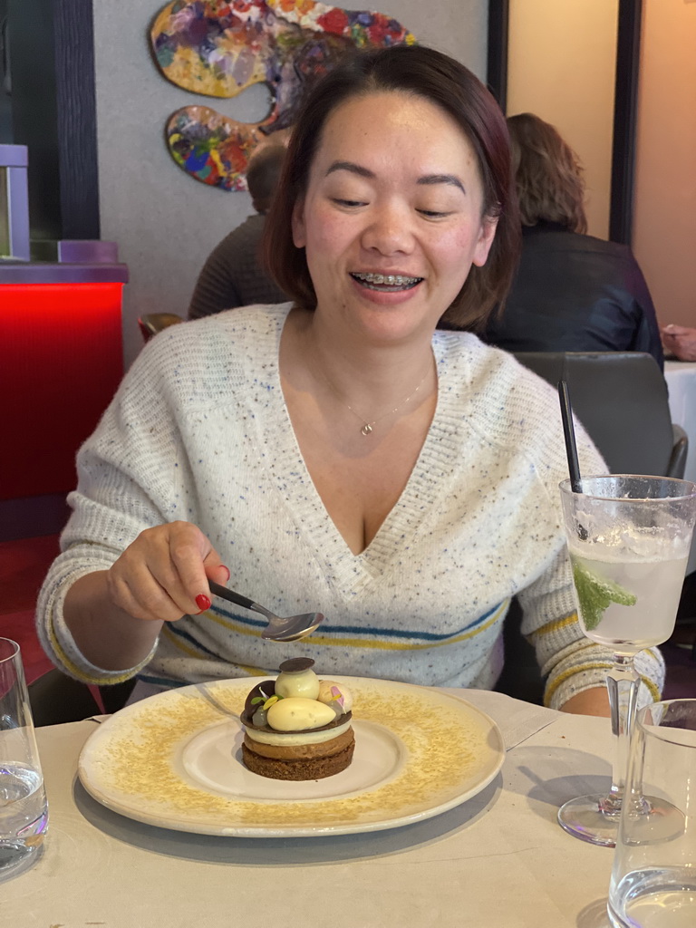 Miaomiao with the dessert at the Sense Restaurant