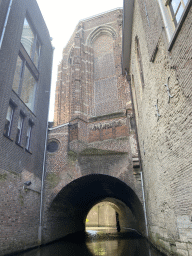 The Binnendieze river and tunnel under the St. Catharina Church, viewed from the tour boat