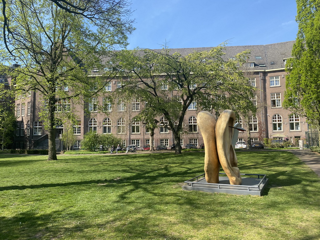 The Stadspark Mariënburg with the Mariënburgklooster monastery and a statue of a figure from the painting `The Garden of Earthly Delights` of Hieronymus Bosch, during the Stegenwandeling walking tour