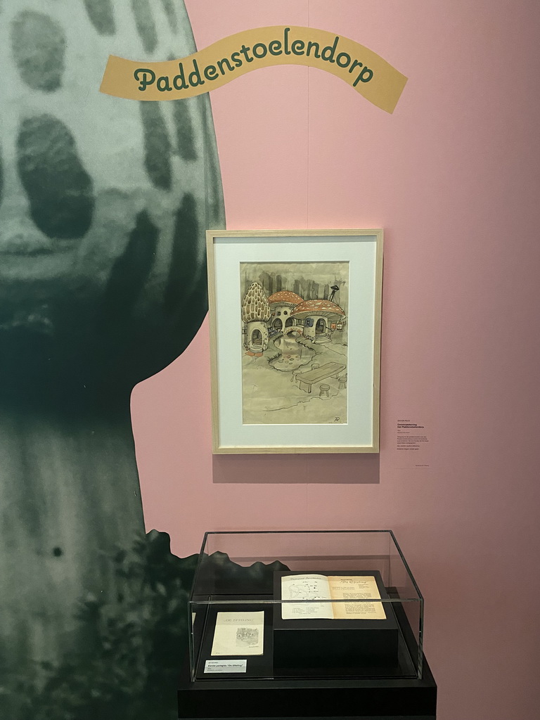 Drawing and documents of the Gnome Village attraction at the Efteling theme park, at the Efteling exhibition at the Noordbrabants Museum, with explanation