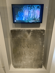 Screen and Kate Bush tombstone of the Spookslot attraction at the Efteling theme park, at the Efteling exhibition at the Noordbrabants Museum