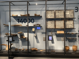 Bones, teeth, fossils and vased at the `Het Verhaal van Brabant` exhibition at the Wim van der Leegtezaal room at the Noordbrabants Museum, with explanation