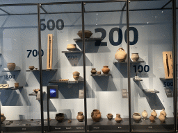 Roman vases and tools at the `Het Verhaal van Brabant` exhibition at the Wim van der Leegtezaal room at the Noordbrabants Museum, with explanation