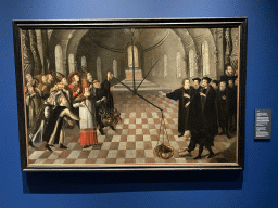 Painting `Scale of the true Faith: the struggle between Catholicism and reform` at the `Het Verhaal van Brabant` exhibition at the Wim van der Leegtezaal room at the Noordbrabants Museum, with explanation