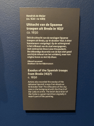 Explanation on the painting `Exodus of the Spanish troops from Breda (1637)` by Hendrick de Meijer, at the `Het Verhaal van Brabant` exhibition at the Wim van der Leegtezaal room at the Noordbrabants Museum