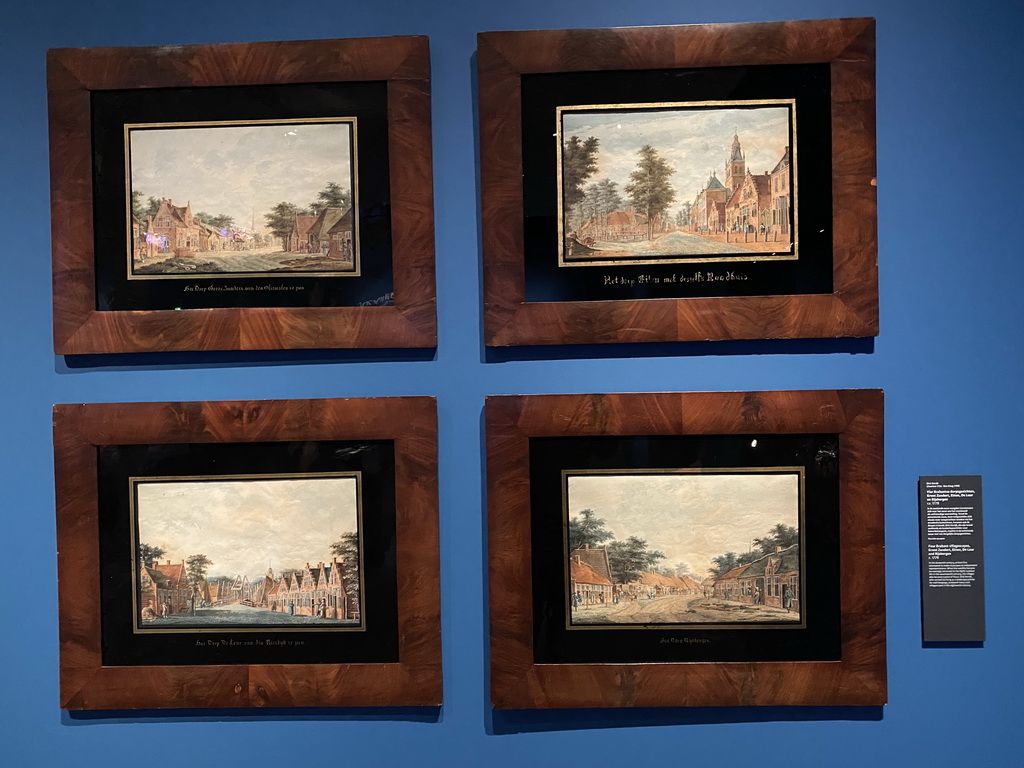 Paintings `Four Brabant villagescapes: Groot Zunder, Etten, de Leur and Rijsbergen` at the `Het Verhaal van Brabant` exhibition at the Wim van der Leegtezaal room at the Noordbrabants Museum, with explanation