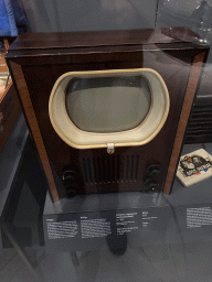 Old Philips television at the `Het Verhaal van Brabant` exhibition at the Wim van der Leegtezaal room at the Noordbrabants Museum, with explanation