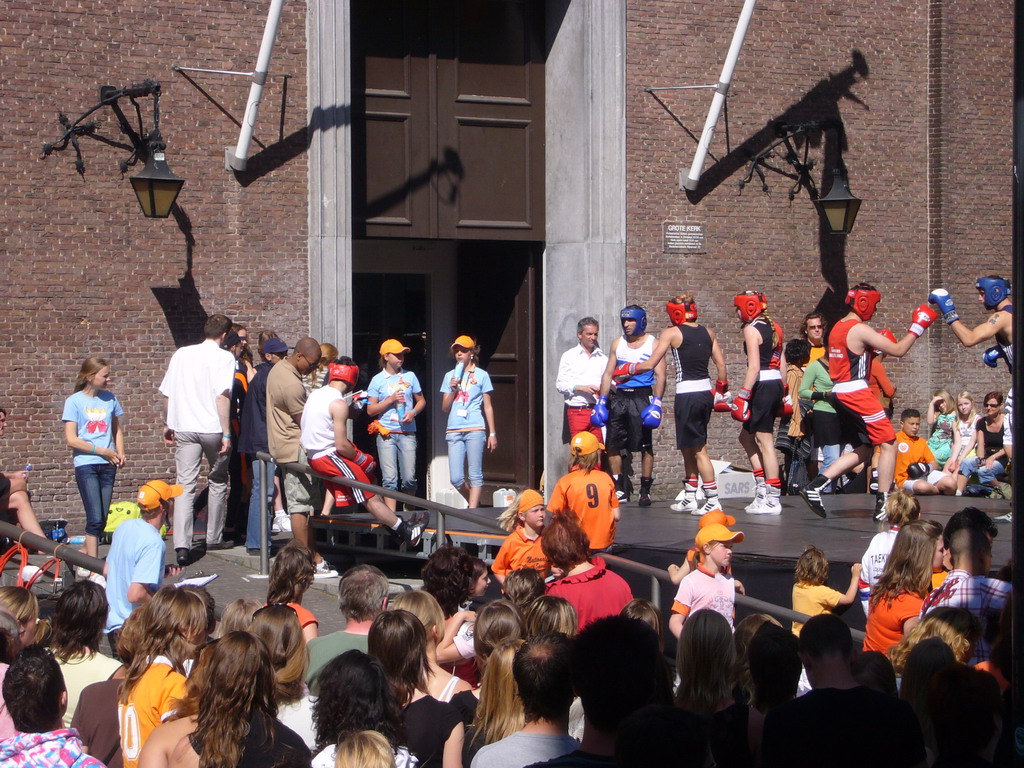 Boxing demonstration during the Queen`s Day festivities in front of the Grote Kerk church