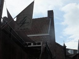 Flag of Restaurant 4 Azen at the Vughterstraat, viewed from the tour boat on the Binnendieze river