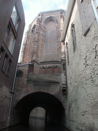 The Binnendieze river and tunnel under the St. Catharina Church, viewed from the tour boat