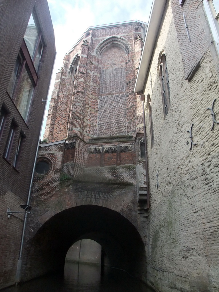 The Binnendieze river and tunnel under the St. Catharina Church, viewed from the tour boat