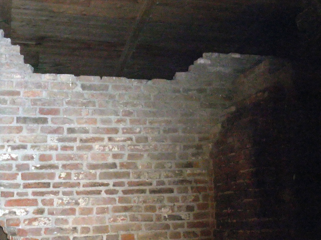 Old city wall at the Kruisbroedershekel tunnel from the Binnendieze river to the Singelgracht canal, viewed from the tour boat