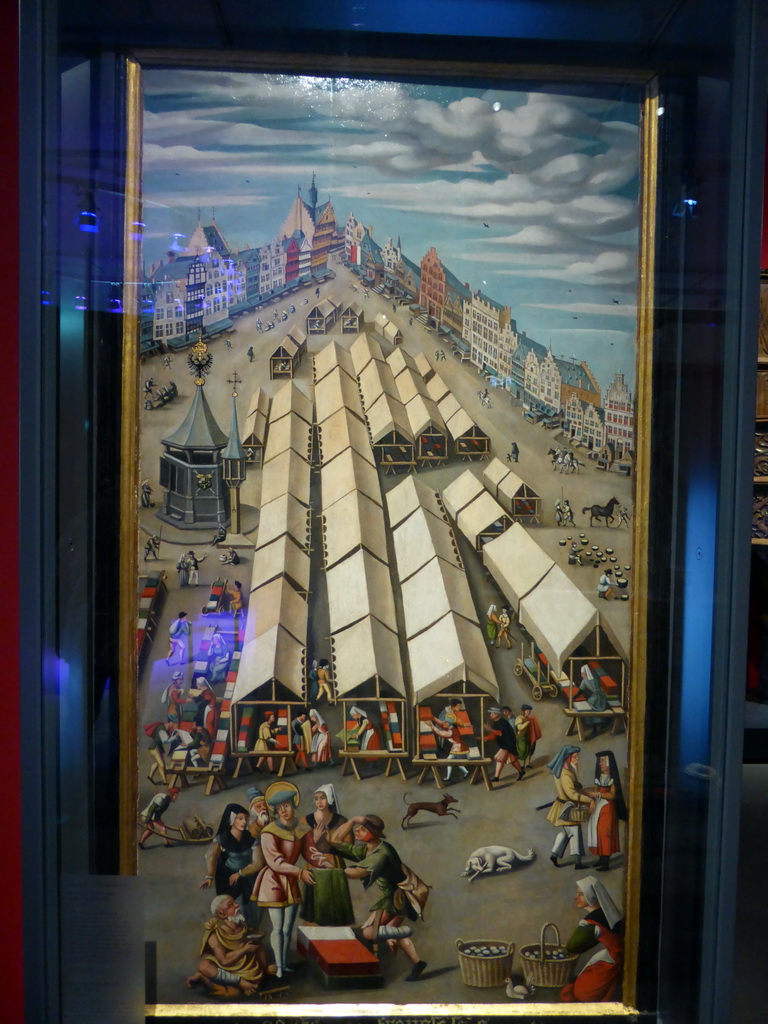 Painting `The Cloth Market at `s-Hertogenbosch` at the 1400-1550 pavilion of the `Het Verhaal van Brabant` exhibition at the Wim van der Leegtezaal room at the Noordbrabants Museum