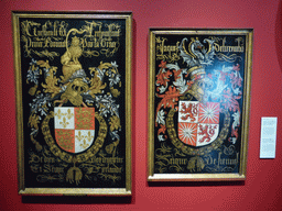 Paintings of the coat of arms of knights of the Order of the Golden Fleece: Edward IV of England and Jacob I of Luxembourg, at the 1400-1550 pavilion of the `Het Verhaal van Brabant` exhibition at the Wim van der Leegtezaal room at the Noordbrabants Museum