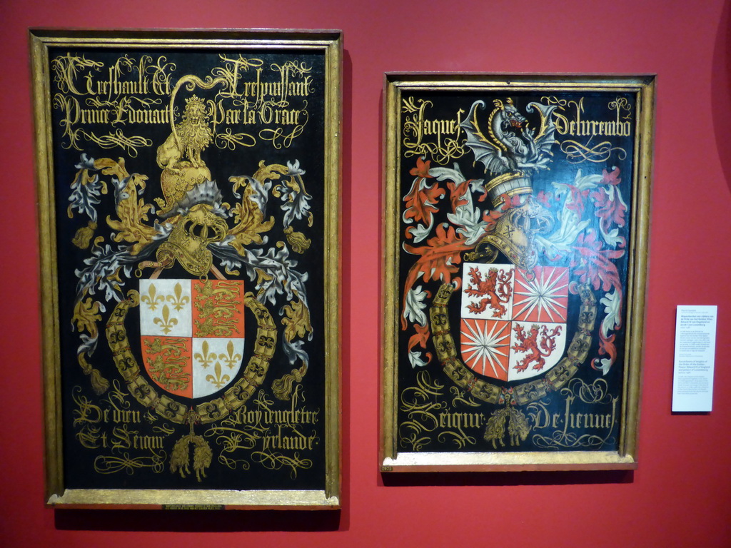 Paintings of the coat of arms of knights of the Order of the Golden Fleece: Edward IV of England and Jacob I of Luxembourg, at the 1400-1550 pavilion of the `Het Verhaal van Brabant` exhibition at the Wim van der Leegtezaal room at the Noordbrabants Museum