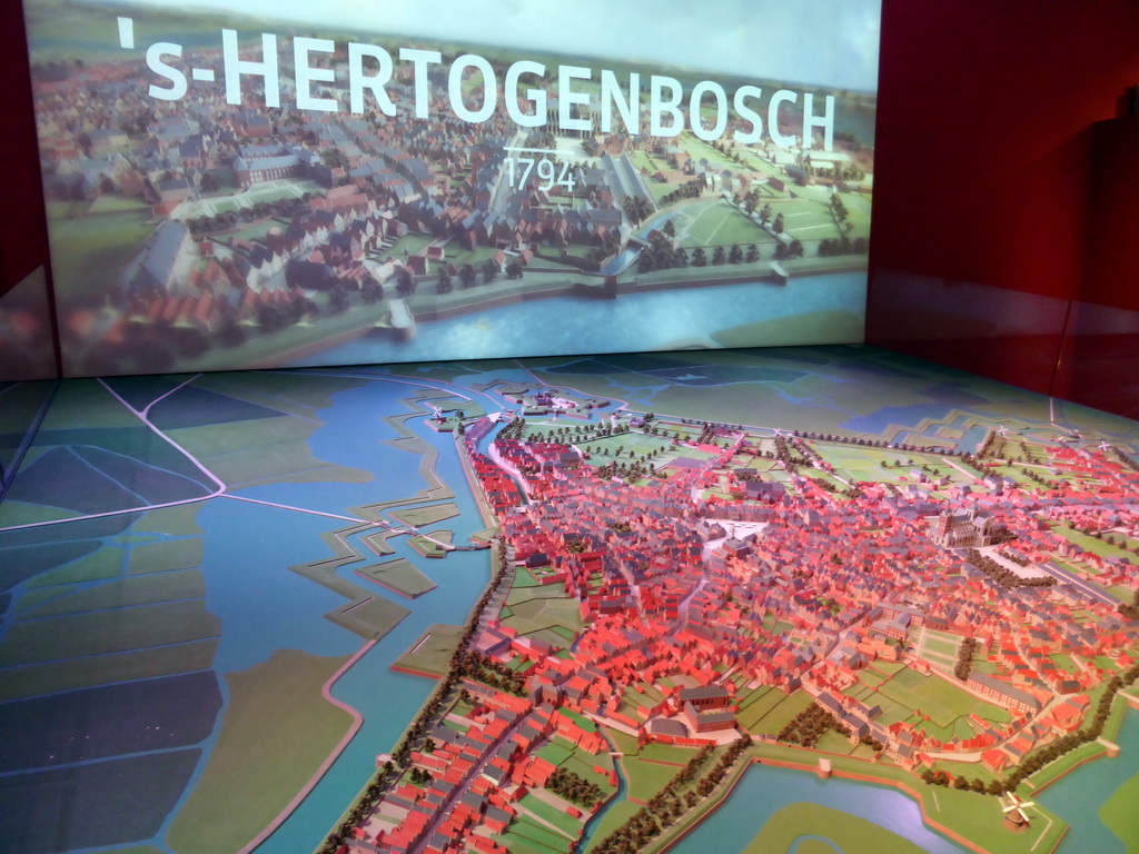 Scale model of the city of Den Bosch in 1794, at the 1700-1800 pavilion of the `Het Verhaal van Brabant` exhibition at the Wim van der Leegtezaal room at the Noordbrabants Museum