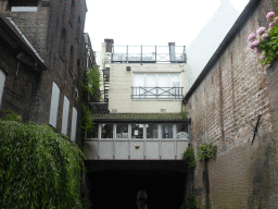 Building hanging over the Binnendieze river, viewed from the tour boat