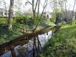 The Binnendieze river at the Casinotuin garden, with a statue of a figure from a painting of Hieronymus Bosch