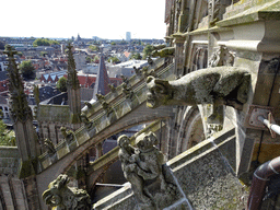 Gargoyle and Flying Buttresses at the third row at the southwest side of St. John`s Cathedral: `Monster with a Ram`s Head` and `Jockey on a Dog` and the city center, viewed from the upper platform of the `Een Wonderlijke Klim` exhibition