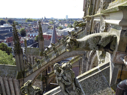 Gargoyle and Flying Buttresses at the third row at the southwest side of St. John`s Cathedral: `Monster with a Ram`s Head` and `Jockey on a Dog` and the city center, viewed from the upper platform of the `Een Wonderlijke Klim` exhibition