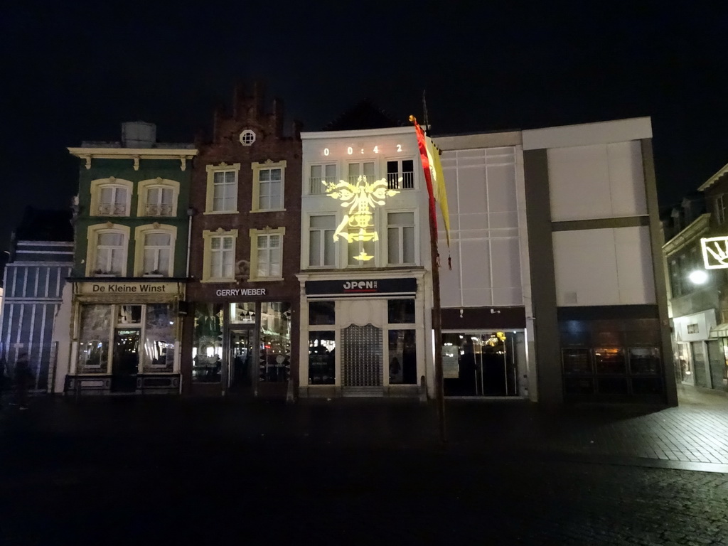 Front of the home of Hieronymus Bosch and surrounding houses at the Market square, shortly before the `Bosch by Night` light show, by night