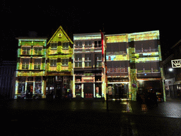 Front of the home of Hieronymus Bosch and surrounding houses at the Market square, shortly before the `Bosch by Night` light show, by night