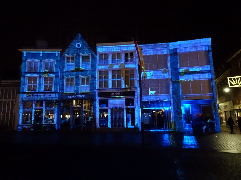 Front of the home of Hieronymus Bosch and surrounding houses at the Market square, shortly before the `Bosch by Night` light show, by night