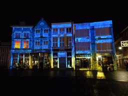 Front of the home of Hieronymus Bosch and surrounding houses at the Market square, shortly before the `Bosch by Night` light show, by night