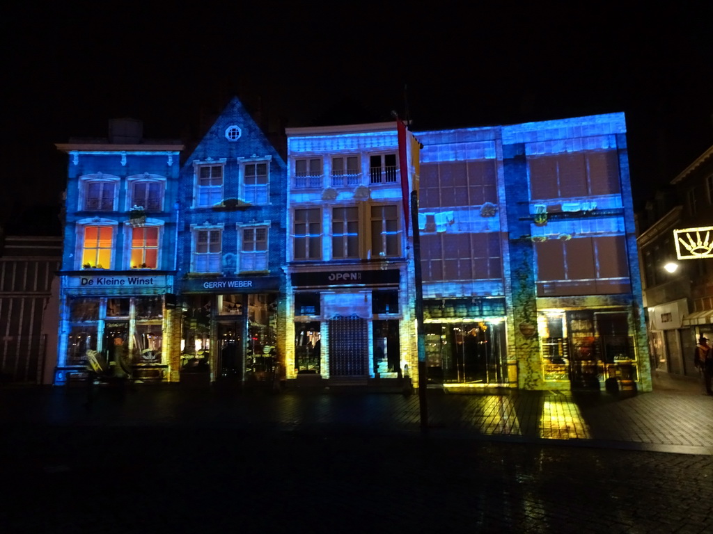 Front of the home of Hieronymus Bosch and surrounding houses at the Market square, shortly before the `Bosch by Night` light show, by night