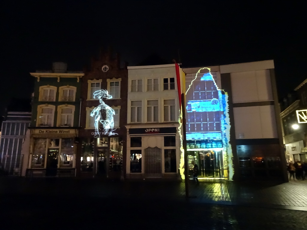 Front of the home of Hieronymus Bosch and surrounding houses at the Market square, shortly before the `Bosch by Night` light show, by night