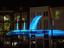 Facade of the home of Hieronymus Bosch and surrounding houses at the Market square, shortly before the `Bosch by Night` light show, by night