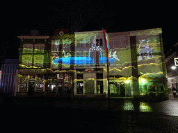 Front of the home of Hieronymus Bosch and surrounding houses at the Market square, shortly before the `Bosch by Night` light show, by night