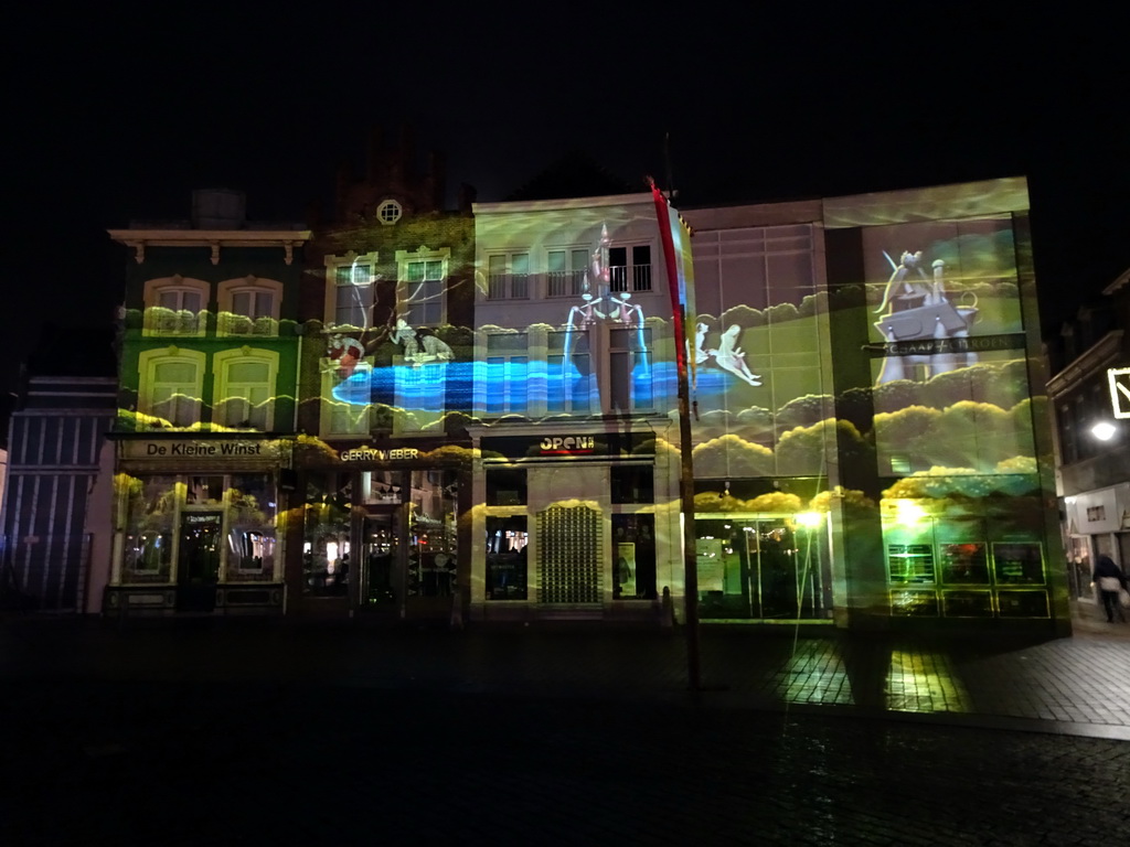 Front of the home of Hieronymus Bosch and surrounding houses at the Market square, shortly before the `Bosch by Night` light show, by night