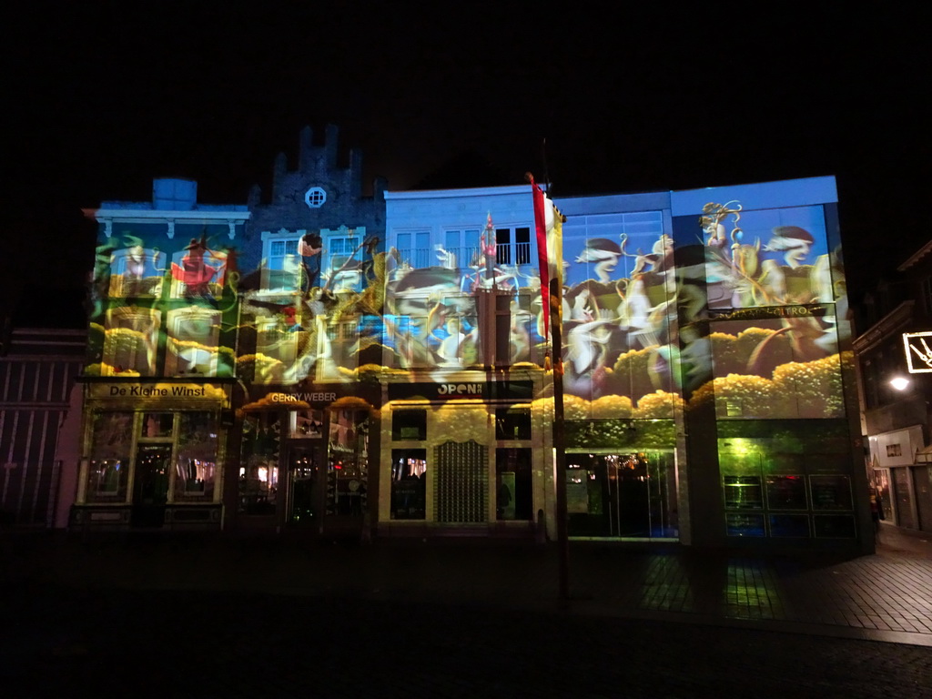 Front of the home of Hieronymus Bosch and surrounding houses at the Market square, shortly before the `Bosch by Night` light show, by night