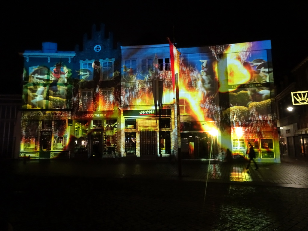 Front of the home of Hieronymus Bosch and surrounding houses at the Market square, shortly before the `Bosch by Night` light show, by night