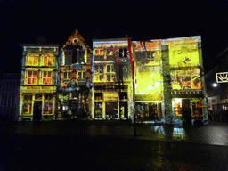 Front of the home of Hieronymus Bosch and surrounding houses at the Market square, shortly before the `Bosch by Night` light show, by night