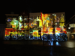 Front of the home of Hieronymus Bosch and surrounding houses at the Market square, shortly before the `Bosch by Night` light show, by night