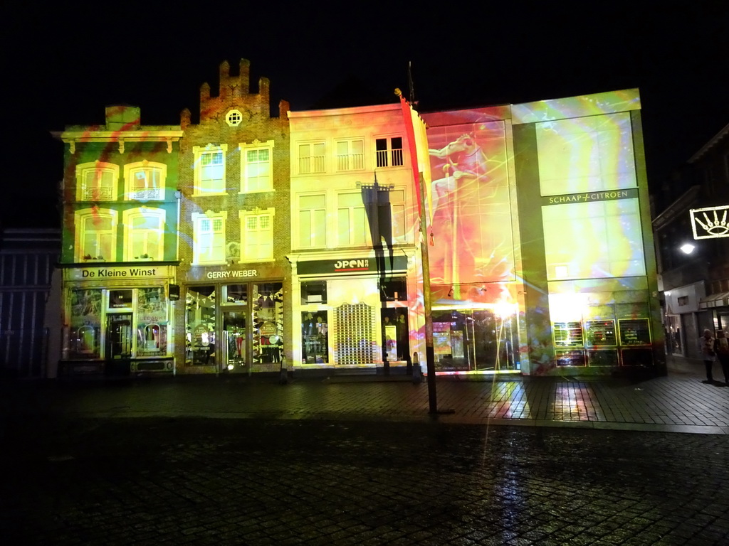 Front of the home of Hieronymus Bosch and surrounding houses at the Market square, shortly before the `Bosch by Night` light show, by night