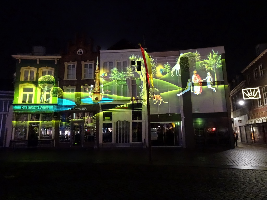 Front of the home of Hieronymus Bosch and surrounding houses at the Market square, shortly before the `Bosch by Night` light show, by night