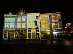 Front of the home of Hieronymus Bosch and surrounding houses at the Market square, shortly before the `Bosch by Night` light show, by night