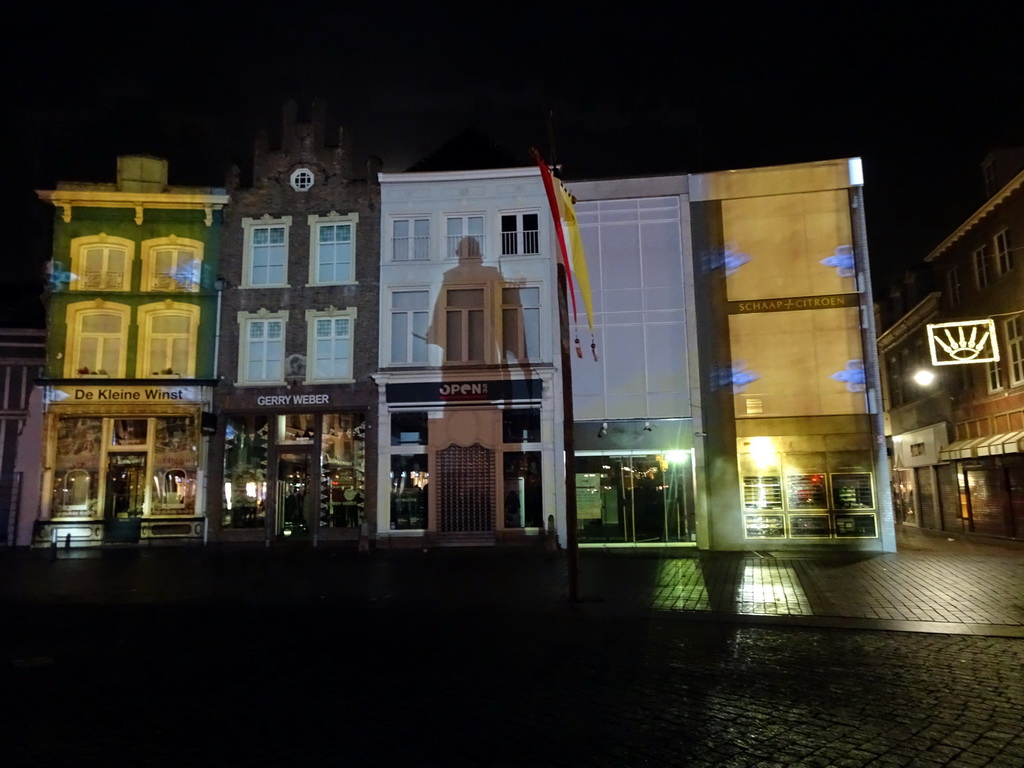 Front of the home of Hieronymus Bosch and surrounding houses at the Market square, shortly before the `Bosch by Night` light show, by night