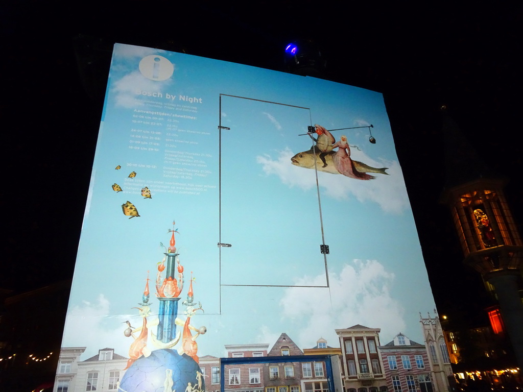 Information stand of the `Bosch by Night` light show and the Onze Lieve Vrouwehuisje structure at the Markt square, by night