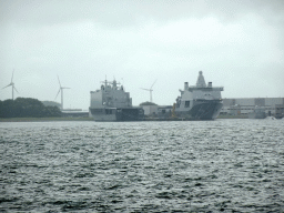 Large ship in the Nieuwe Haven harbour, viewed from the second floor of the ferry from Texel