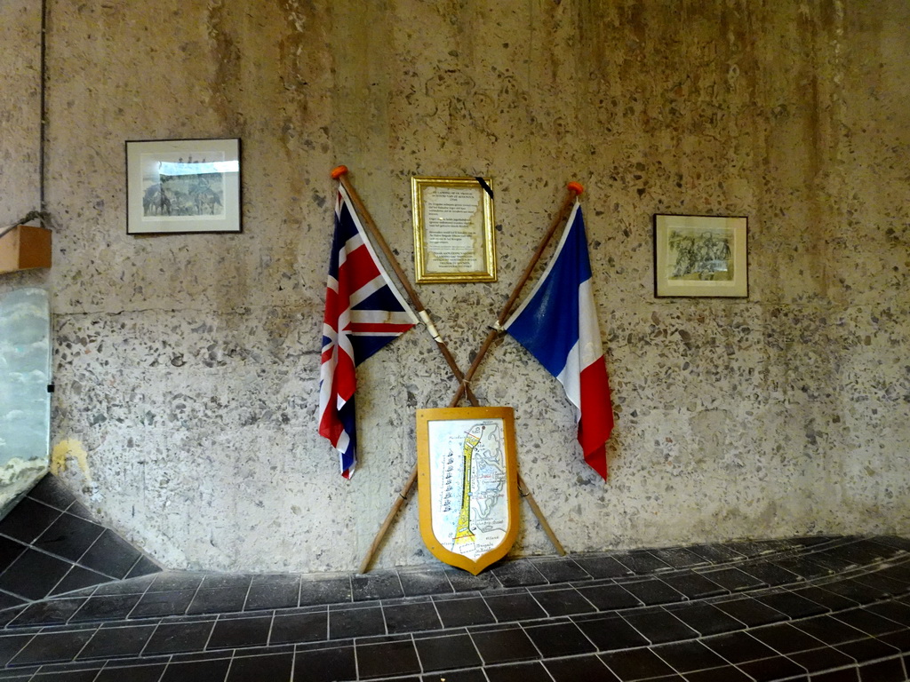 British and Dutch flags and information on the landing of English and Russian soldiers near the current Fort Kijkduin in 1799, in the lobby of Fort Kijkduin