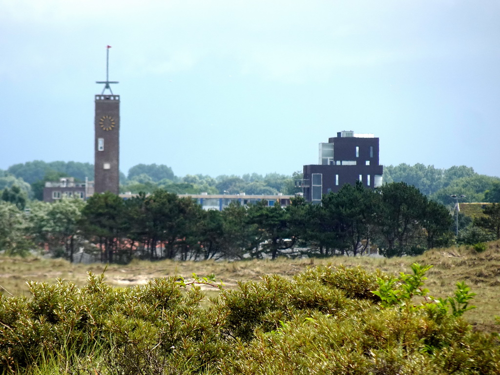 The tower of the Duinkerk building at the Jan Verfailleweg road, viewed from the dunes at Huisduinen