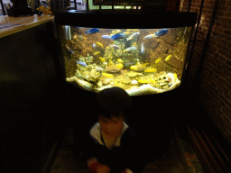 Max with fishes at the Aquarium at Fort Kijkduin