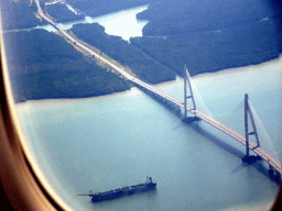 The Sungai Johor Bridge over the Johor river in Malaysia, viewed from the airplane from Amsterdam to Singapore