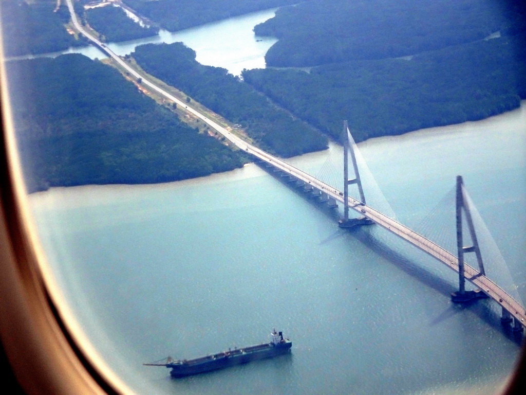 The Sungai Johor Bridge over the Johor river in Malaysia, viewed from the airplane from Amsterdam to Singapore