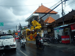 House with decorations at the west side of the city, viewed from the taxi from Nusa Dua to Beraban