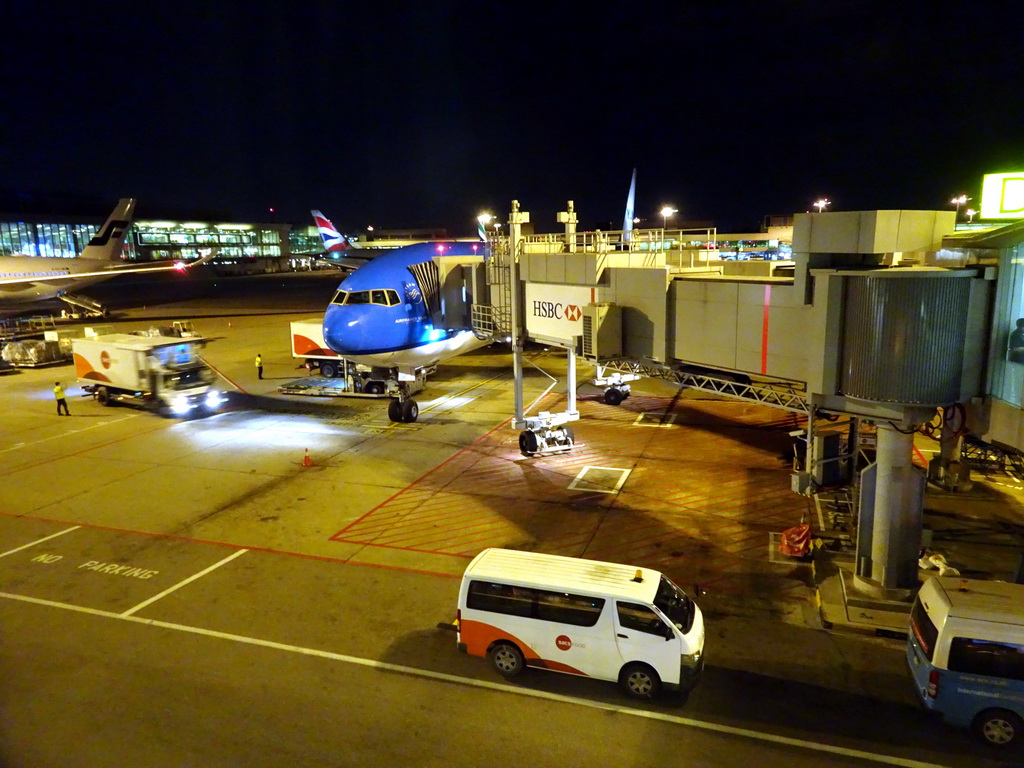 Our KLM airplane at Singapore Changi Airport, by night